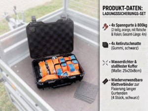 Anhänger Ladungssicherung Set: 4x Spanngurte 2-teilig, Klettverbinder + Koffer